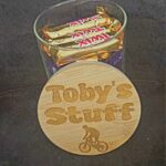 Personalised Glass Jar with Bamboo Laser Engraved Lid “Cycling” Design, Unique gift for Cyclists