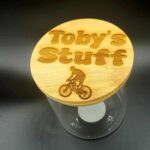 Personalised Glass Jar with Bamboo Laser Engraved Lid “Cycling” Design, Unique gift for Cyclists